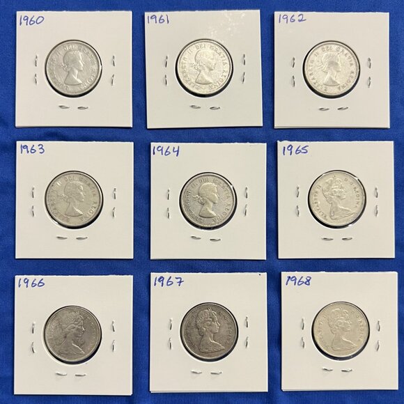 Canada Set of 9 Silver 1960 to 1968 Circulated 25¢ Quarters! - Picture 2 of 16